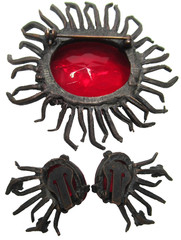 Gorgeous Spikey Japanned Metal Red Glass Vintage Brooch Earring Set
