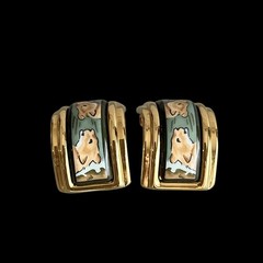 VTG Hermes Lion Motif Enamel Clip-On Earrings Cloisonne Gold Plated w/Box Used