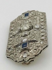 Edwardian Old Cut Art Deco White & Blue Sapphire CZ Stone 925 Silver Brooch