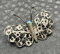 Vintage Sterling Silver Spun Filigree Butterfly Brooch Blue Stone Pin