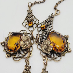 Czech Glass Art Nouveau Deco Flower Motif Brass Festoon Bib Amber Citrine 15 In