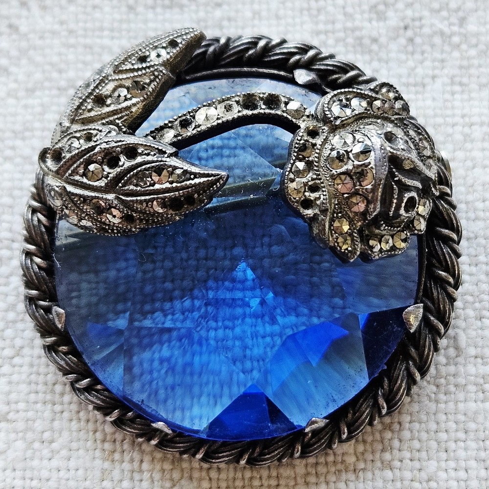 Rare Vintage Tomeco Slovaquie Flower Silver Marcasite Blue Stone Brooch Pin