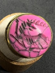 Rare Ancient Bronze Ring Carved Pink Howlite Eastern King Antique Size 7.5 US