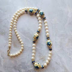 Vintage Japan Transferware Blue Floral Bead & Faux Pearl Station Necklace