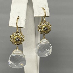 Clear Glass Bead Dangle Earring Faceted Teardrop Flower Rhinestone Gold Tone 1.5