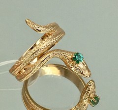 Antique Green Eye Snake Wrap Ring 2.0 Ct Simulated Emerald 14k Yellow Gold Over