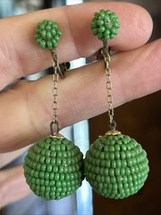 Vintage Green Glass Seed Bead Dangle Drop Clip On Earrings Go Go Style 2”