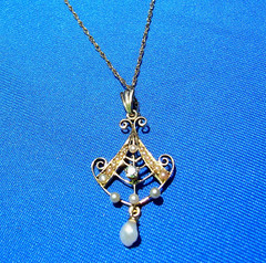 Original EARTH MINED DIAMOND Pearl ART Deco Pendant Medallion Necklaces 14K GOLD