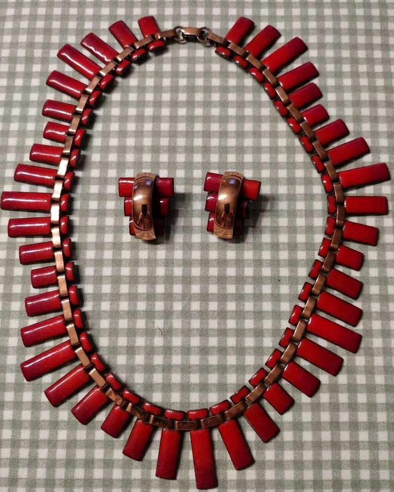 Vintage Matisse Copper Enamel Necklace and Earrings Red 14 Inches