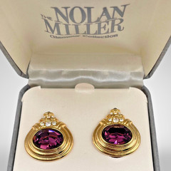 Nolan Miller Amethyst-Crystal Gold-Tone Clip On Earrings 1990s Dynasty Glamour