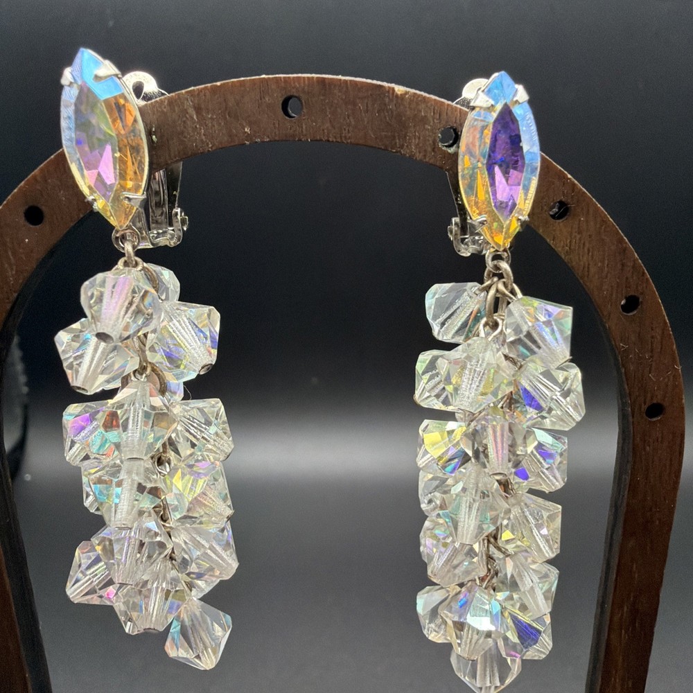595. Vintage AB Crystal Lewis Segal Signed Clip On Earrings California