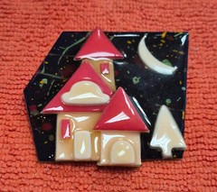 Vintage House Pins by Lucinda Night Time Home Crescent Moon in Sky Pin / Brooch