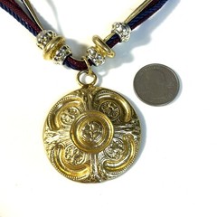 1980s Medallion Necklace Pendant 5 Strand Cord Large Statement Gold Tone Beads