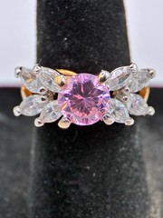 Vintage 1980s Yellow Gold Over Silver Pink Topaz Cubic Zirconia Cocktail Ring.