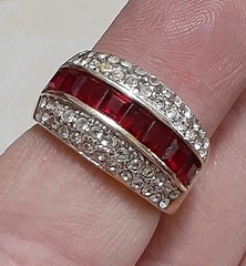 Vintage layered CZ white & red channel set unisex gold tone ring size 7