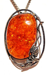Antique Sterling Silver 925 Cognac Baltic Amber Pendant Brooch Necklace 24 Grams