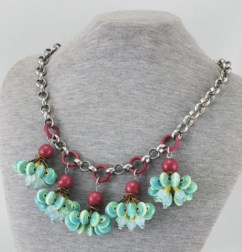 Fun Vintage Silver Tone Statement Necklace w/Ceramic Glass & Plastic Beads