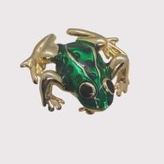 Vintage 80s Green Enamel Frog Brooch Signed AAI Gold Tone 1.5″