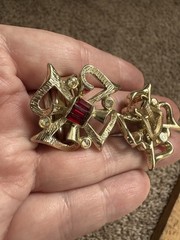 Vintage Kramer Gold Tone Red Baguette Rhinestone Clip On Earrings Signed