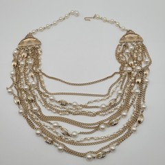 Elegant Multi Chain Bead Faux Pearl Gold Tone Layered Necklace Vintage 18 Inch