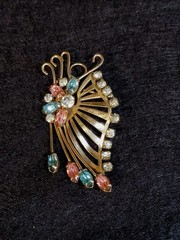 Butterfly Brooch P&F 12k Gold Filled Glass Rhinestones Pink Blue Clear