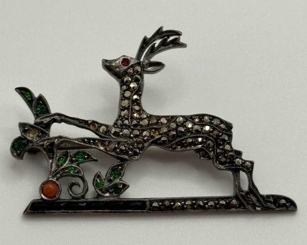 Vintage Art Deco Brooch 935 Sterling Silver Marcasite Deer