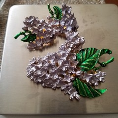 Vintage Lilac Floral Purple and Green Enamel Brooch and Clip Earrings Set