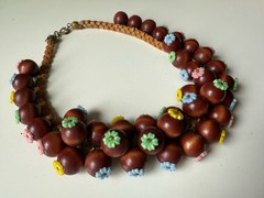 Vtg 1940s Miriam Haskell Style Wood Bead & Leather Cluster Necklace Flower Tips