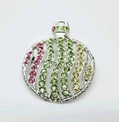 Christmas Ornament Brooch Ball Silver tone Multicolored Crystal Accent 2.25 in