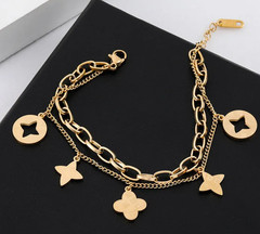 Vintage Stainless Steel Double Layer Bracelet 18K Gold Plated Monogram Pattern