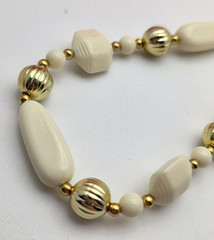 Vintage Lucite Necklace, Ivory Beads Gold Tone Accents, 36 In Mid Century