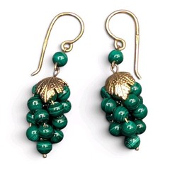 800 Silver Marked Gold Tone Malachite Round Beaded Cluster Grapes Earrings