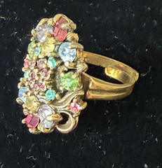 Vintage Gold Tone Adjustable Rhinestone Ring Hollycraft Pastel Rhinestones