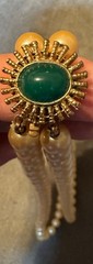 Vintage Japan Double Strand Glass Pearl Necklace Green Cabochon Clasp