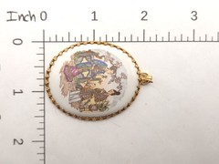 Vintage Porcelain Asian Japanese Couple Scene Gold Tone Large Oval Pendant