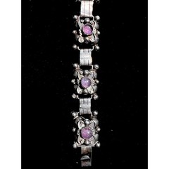 VTG 1930’s Mexican SS Purple Amethyst Orbit Panel Cabochon Link Bracelet 7.5″