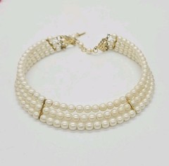 Faux Pearl Choker Necklace Three Row Gold tone Vintage Beaded Victorian