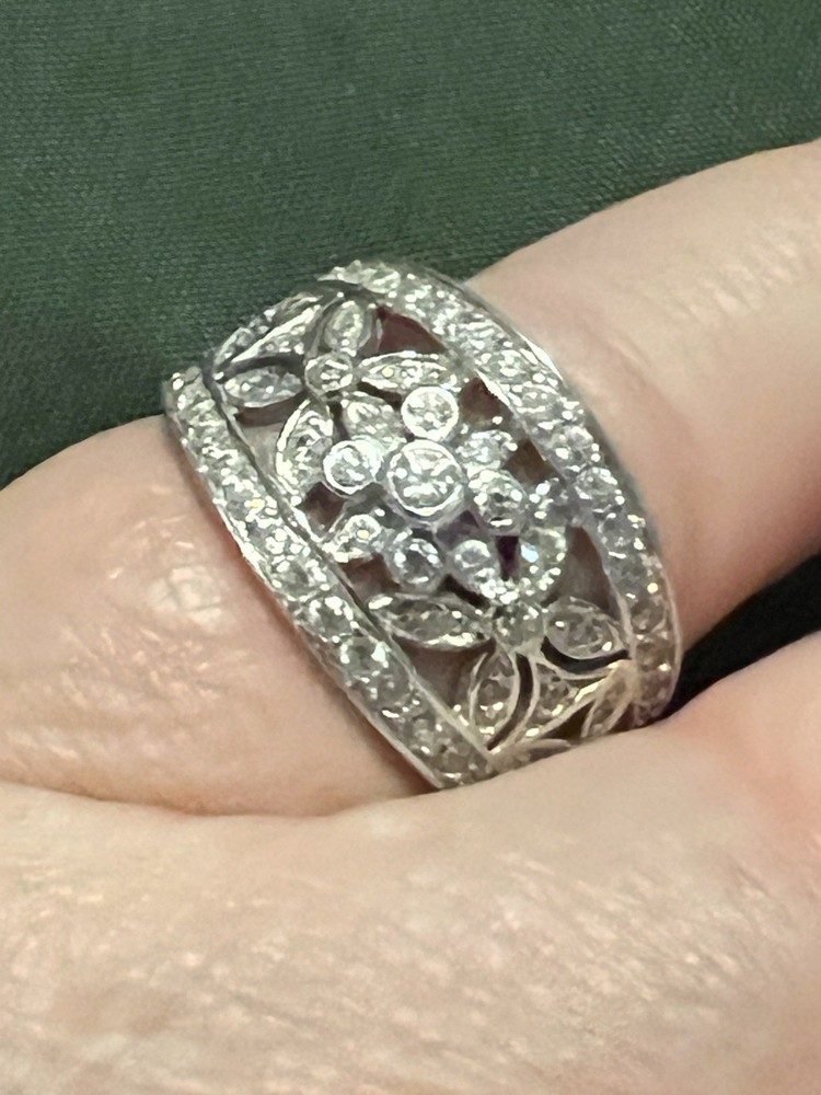 Vintage QVC Diamonique Solid White Gold Open Art Nouveau Floral CZ Ring Size 9