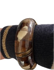 VTG 70s Bangle Bracelet Horn Bone Brass Pin Closure Hinged Chunky Brown Cream 1”