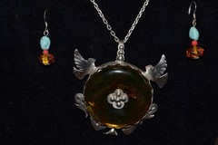 ONE OF A KIND, CUSTOM MADE .925 STERLING SILVER AND AMBER NECKLACE AND EARINGS.