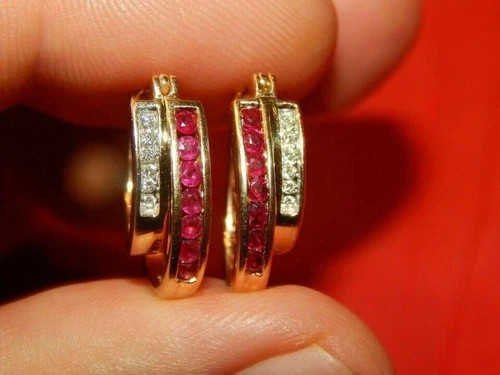 Round Cut Ruby & Lab Created Diamond Engagement 14K Yellow Gold Finish Earrings