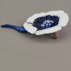 Vintage Enamel Flower Set Brooch Clip On Earrings Navy Blue White Anemone