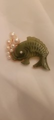 Vintage Swoboda Extremely Rare Carved Jade And Pearl Blowing Koi Fish Brooch