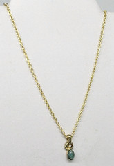 Faux Jade Green Oval Cabochon Gold Tone Pendant Chain Necklace Rhinestone Accent