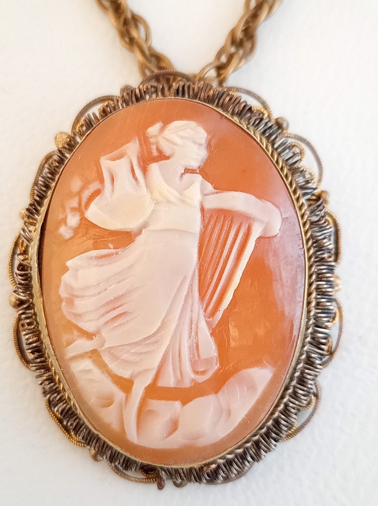 Vintage antique carved shell cameo pendant necklace gold filled harp goddess