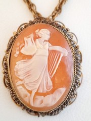 Vintage antique carved shell cameo pendant necklace gold filled harp goddess