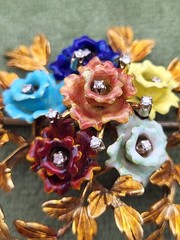 Vintage Italy 18K Gold Colorful Flower & Diamond Brooch KG Old Italian Jewelry