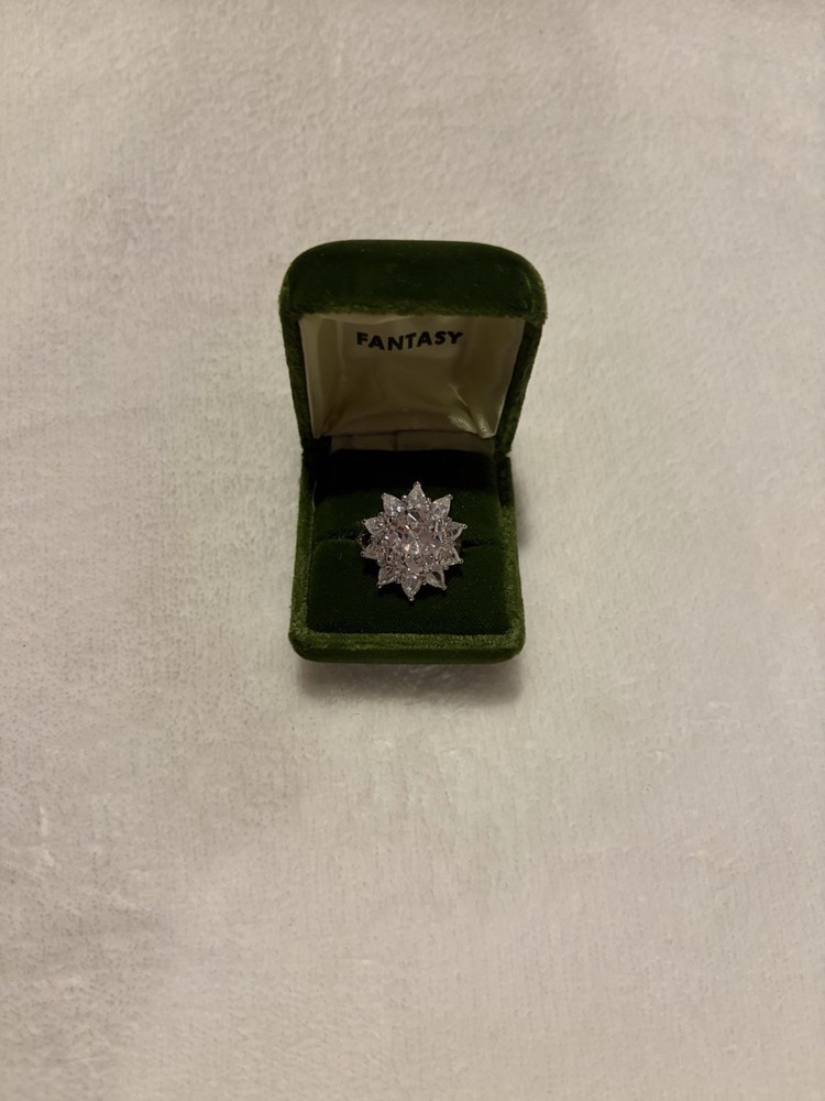 Vintage Silver Tone Large Oval CZ Starburst Cluster Statement Cocktail Ring Box