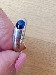 VINTAGE BLUE SPINEL CABOCHON FLUSH SET GYPSY STYLE RING 925 STERLING SILVER