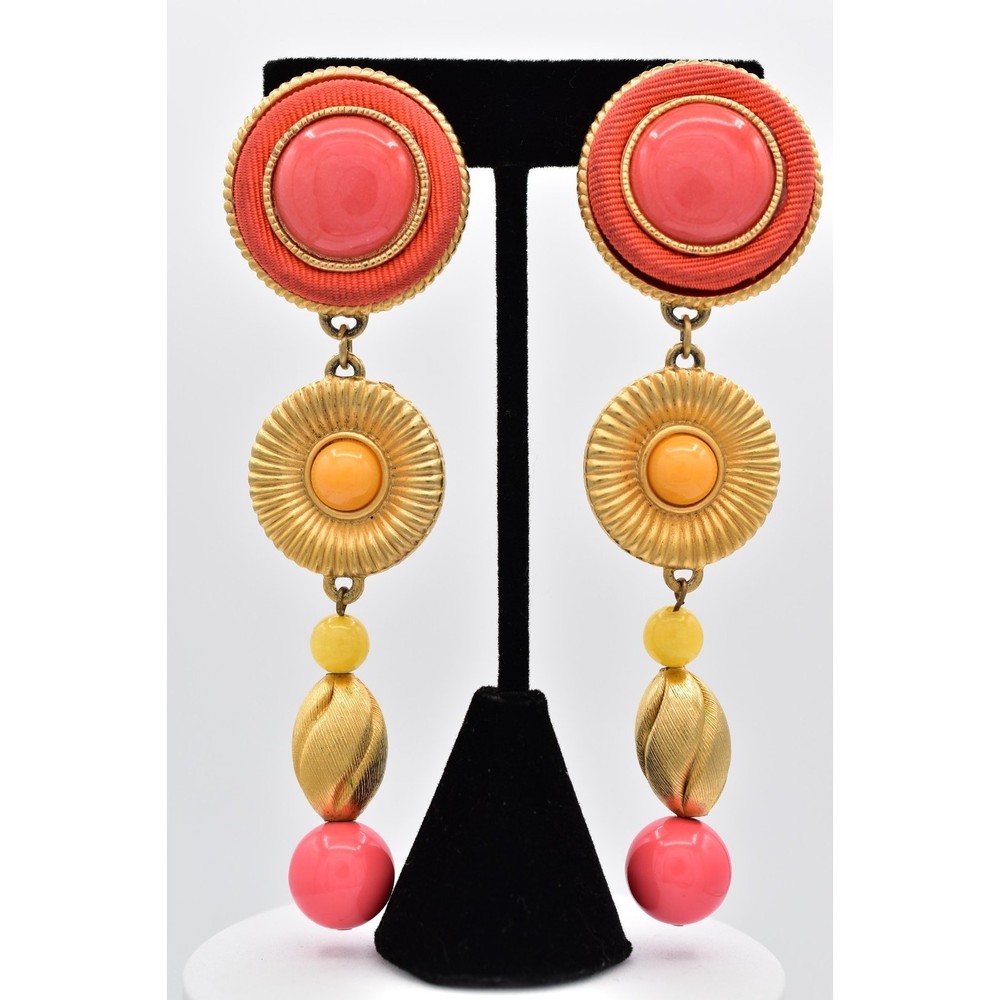 Vintage Statement Dangle Earrings Coral Orange Brushed Gold Beaded Chunky BinBK